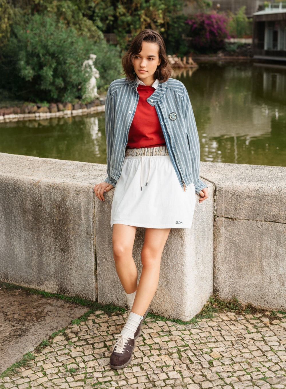 [SATUR] Stripe Denim Harrington Jacket - Blue