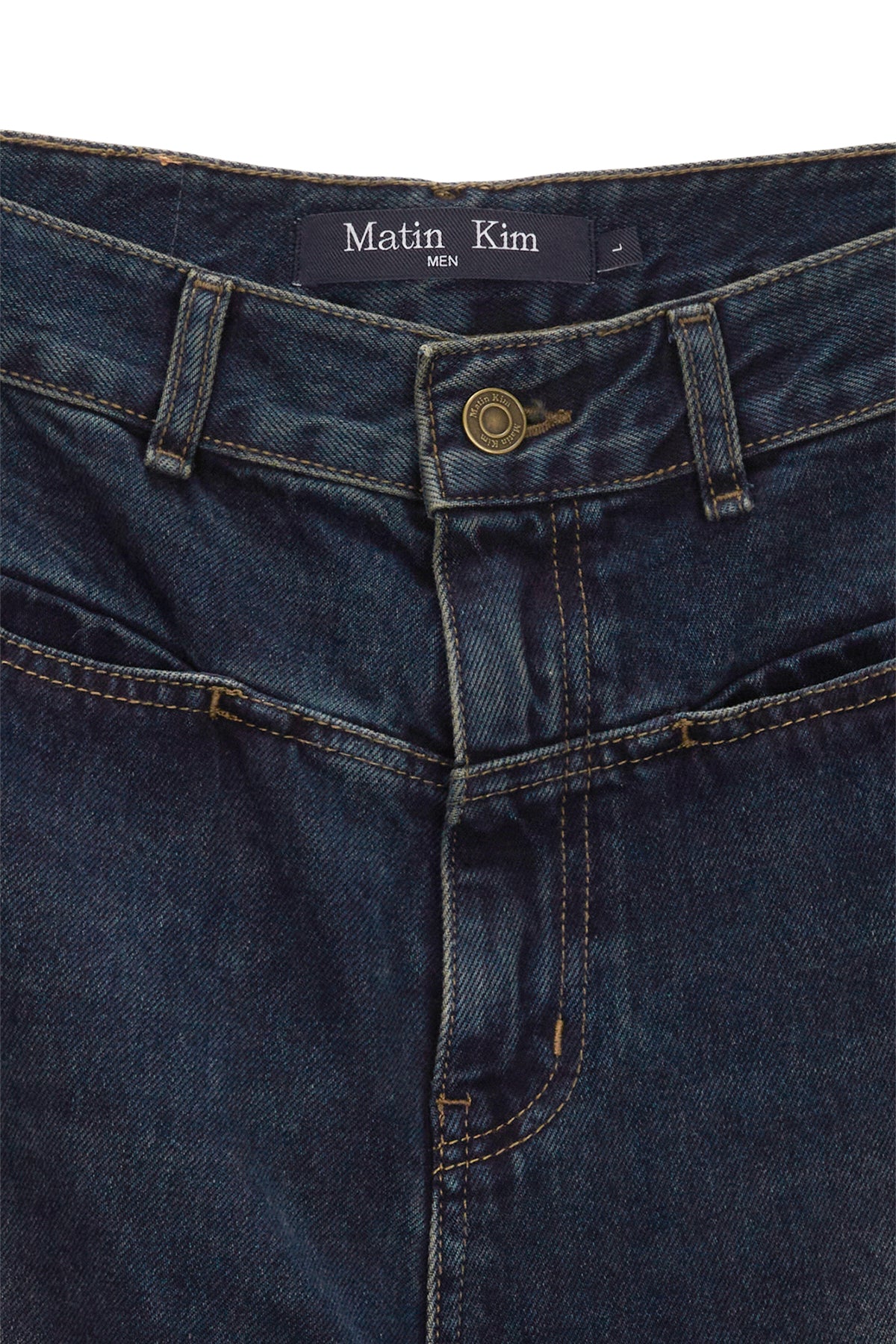 [matinkim] SIDE BRUSH WASHED DENIM PANTS FOR MEN IN NAVY