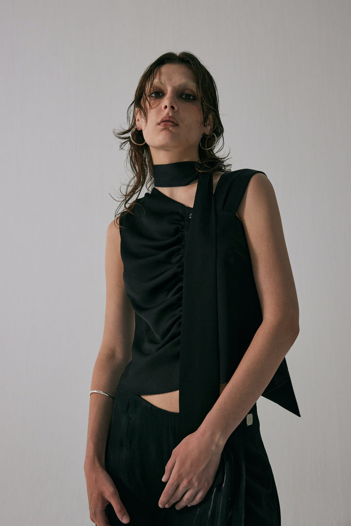 Treemingbird Tied Shirring Crop Shirts Black