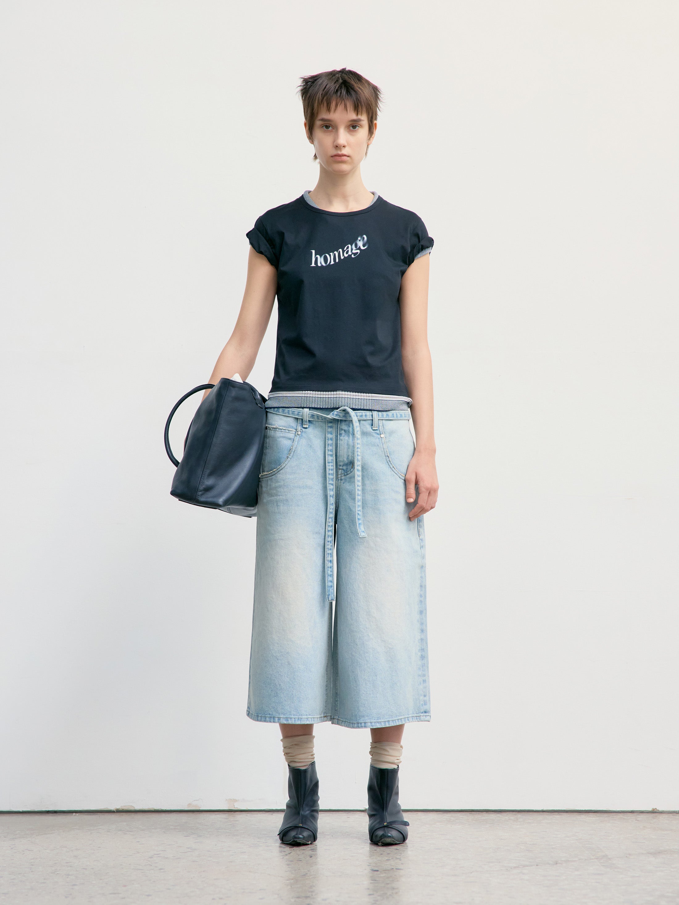 Low Classic Belted Denim Bermuda Pants in blue, showcasing authentic Korean designer fashion.