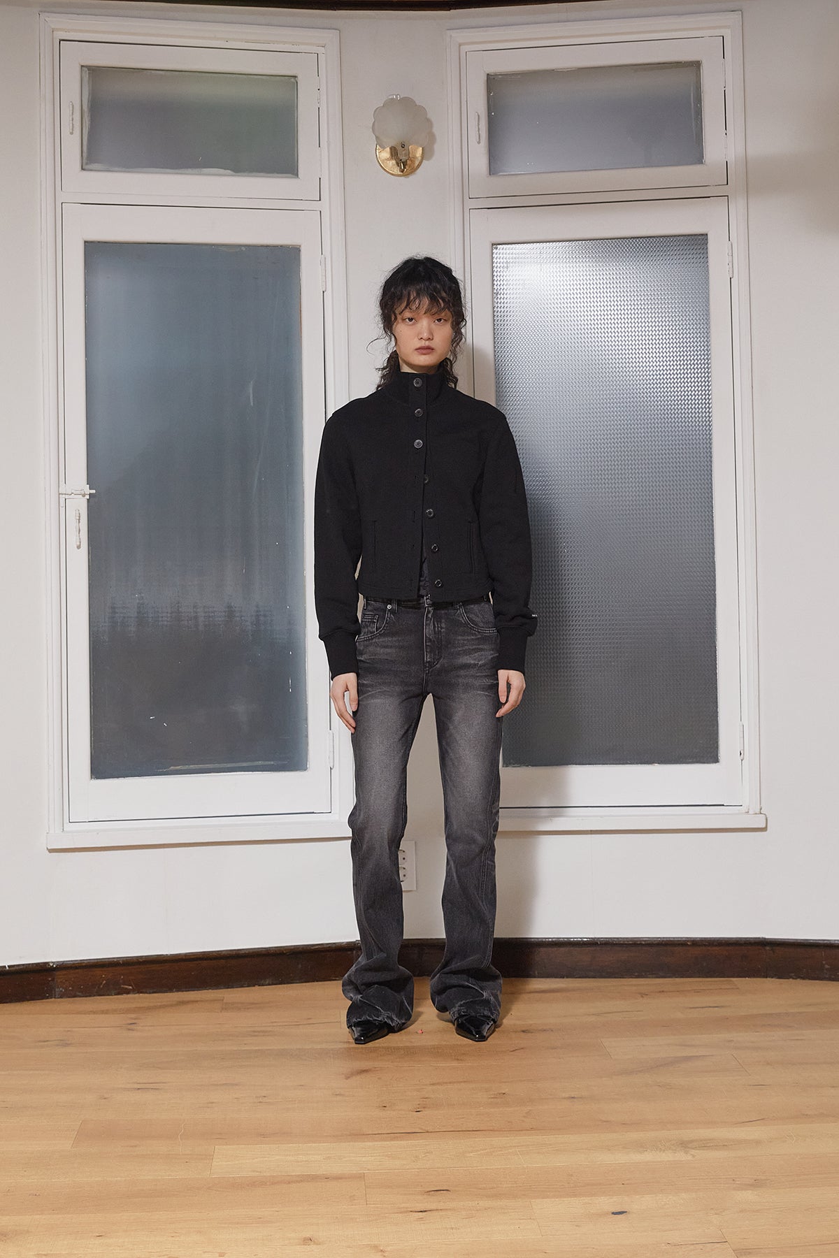 Matinkim Deep Washed Semi Boots Cut Denim Pants IN Charcoal