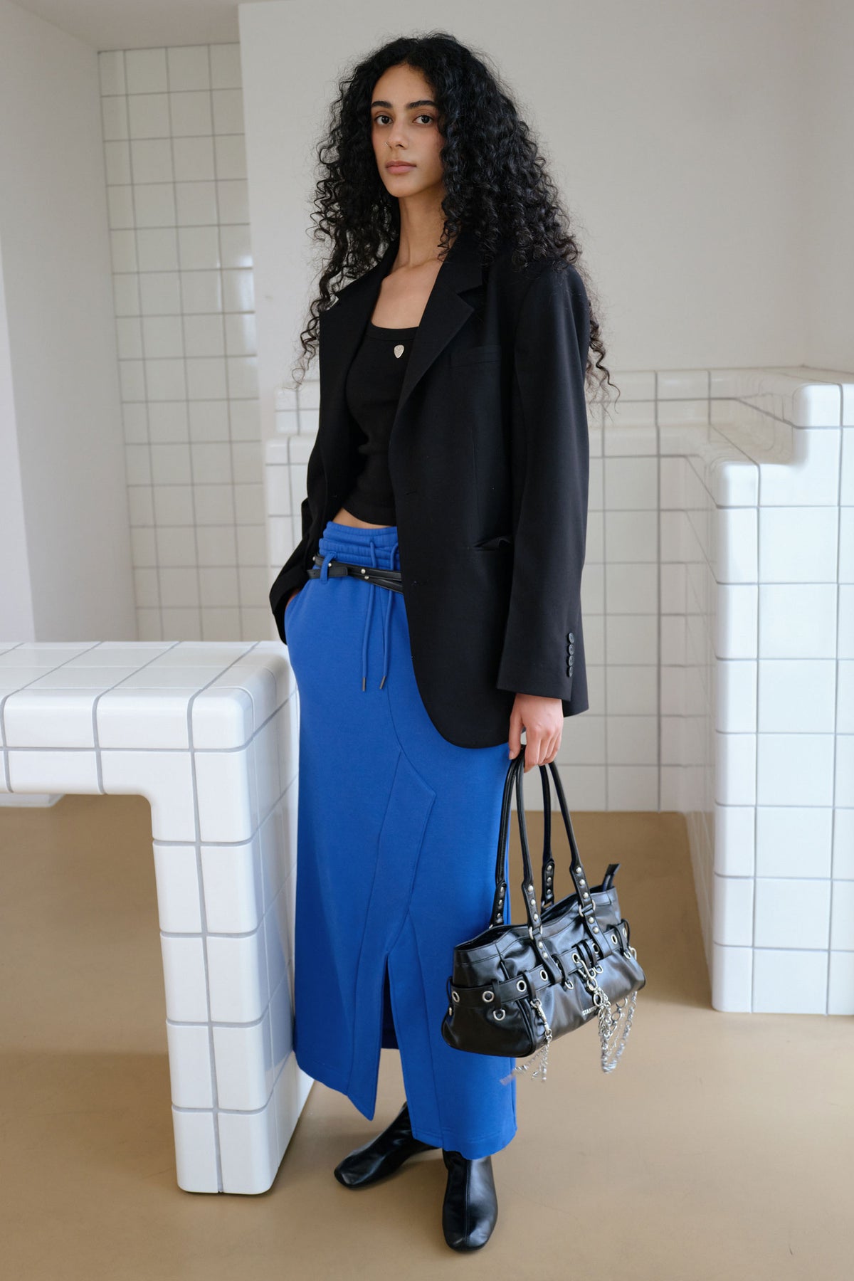Instantfunk Belt Detail Jersey Long Skirt - Blue