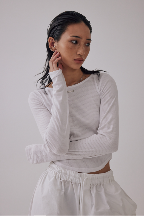 Treemingbird Boat Neck Finger Hole Long Sleeve White