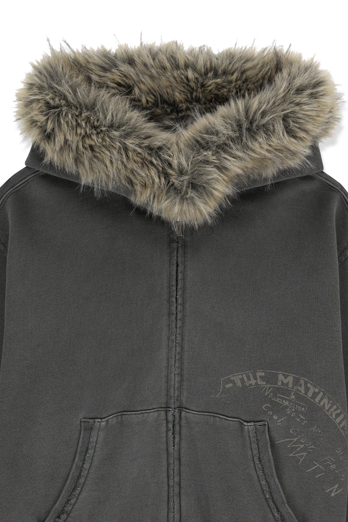 Matinkim Vintage Graffiti Fur-Trim Hoody Zip UP IN Charcoal