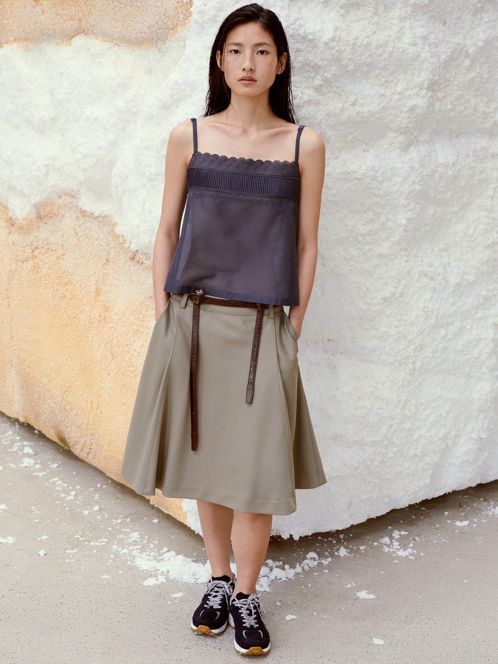 [Low Classic] Flared Midi Skirt_Khaki Beige