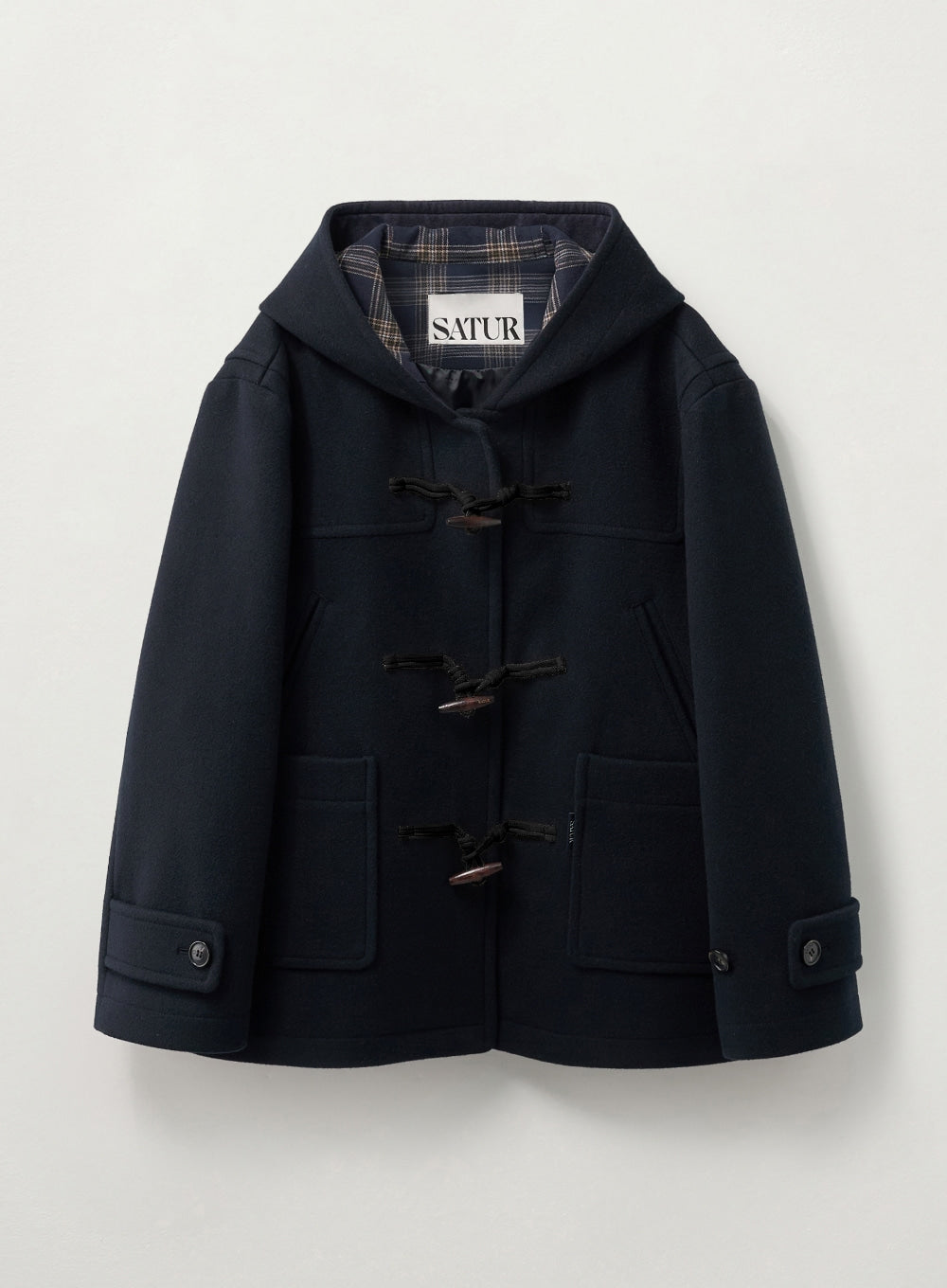 [satur] Pre-order — Ships 11/19: (W) Hooded Wool-Blend Duffle Half Coat - Navy