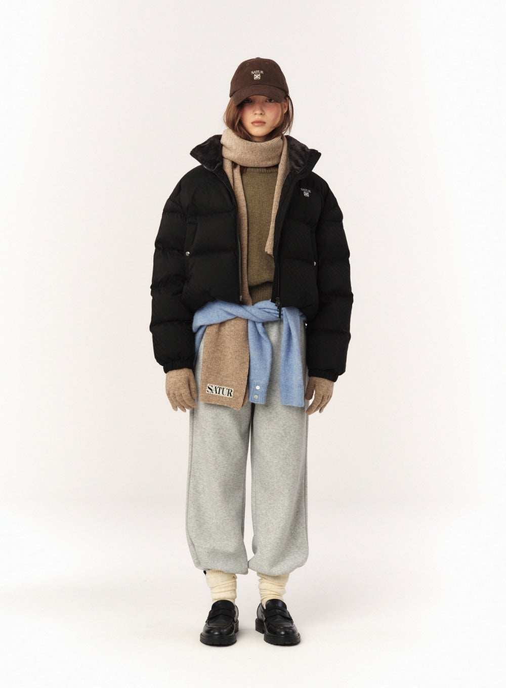 [satur] (W) Loren Jacquard Crop Duck Down Padding - Black