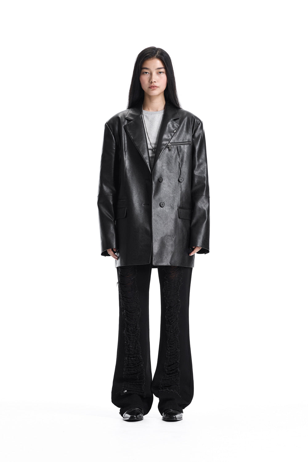 Treemingbird Metal-Ring Oversized Leather Jacket Black