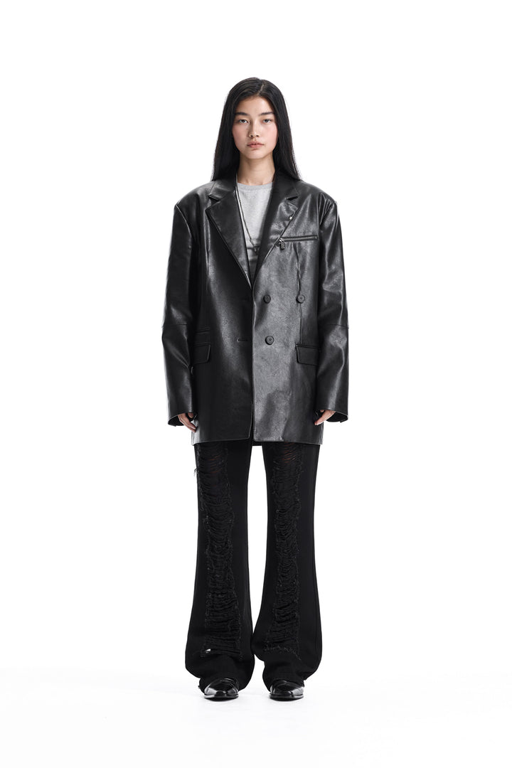 Treemingbird Metal-Ring Oversized Leather Jacket Black