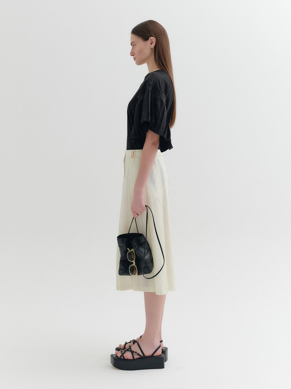 EENK Belted Pleated Midi Skirt - Ivory