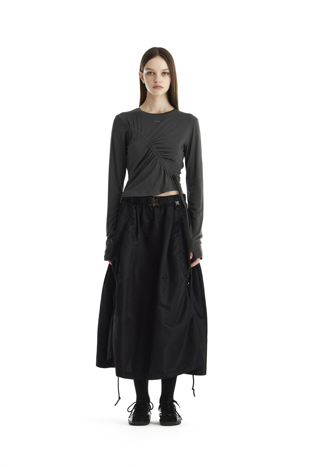 Treemingbird Shirred Wave Detail Crop Long Sleeve Charcoal