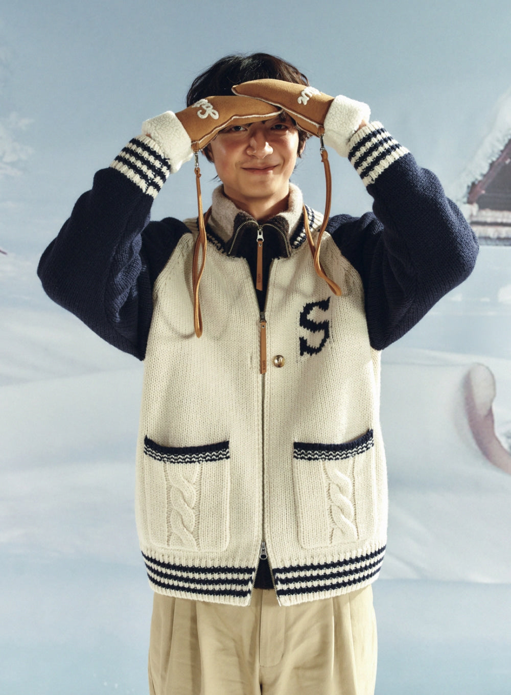 Satur Knit Varsity Jacket - Cream
