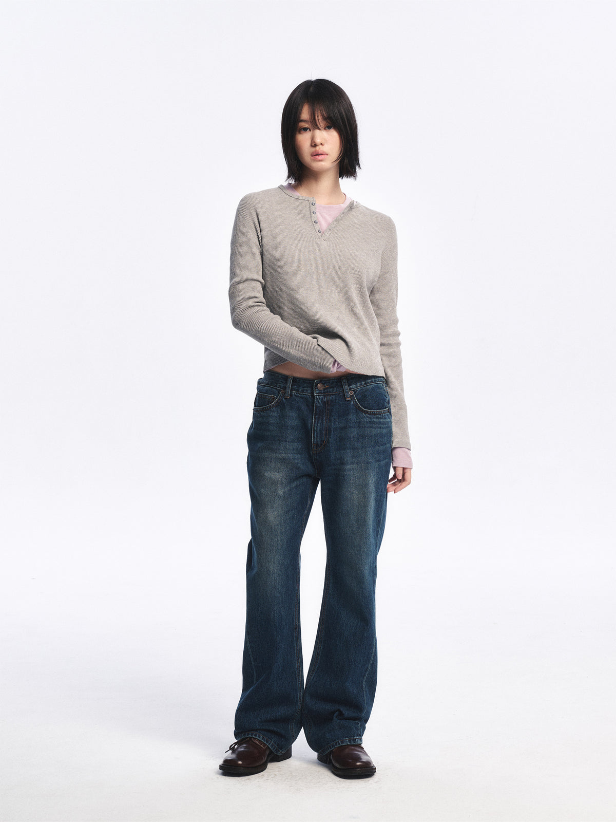 Low Classic Waffle Henley-Neck Tee Melange Grey