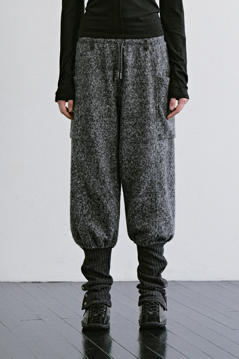 Treemingbird Knee-Sock Layered Set-up Pants Melange Gray