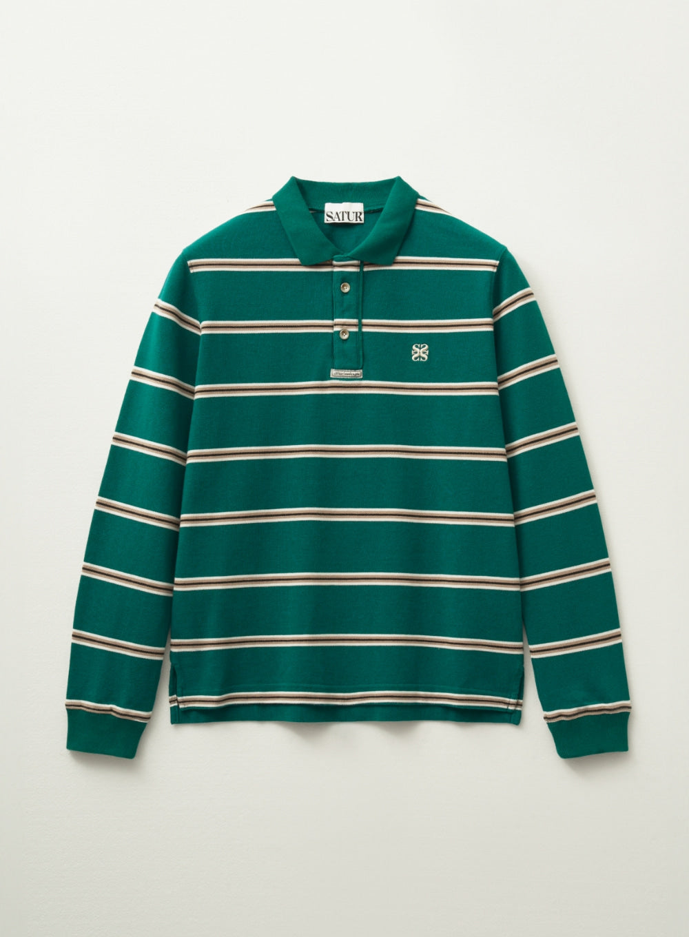 [satur] (W) Stripe Pique Polo Long Sleeve - Deep Green