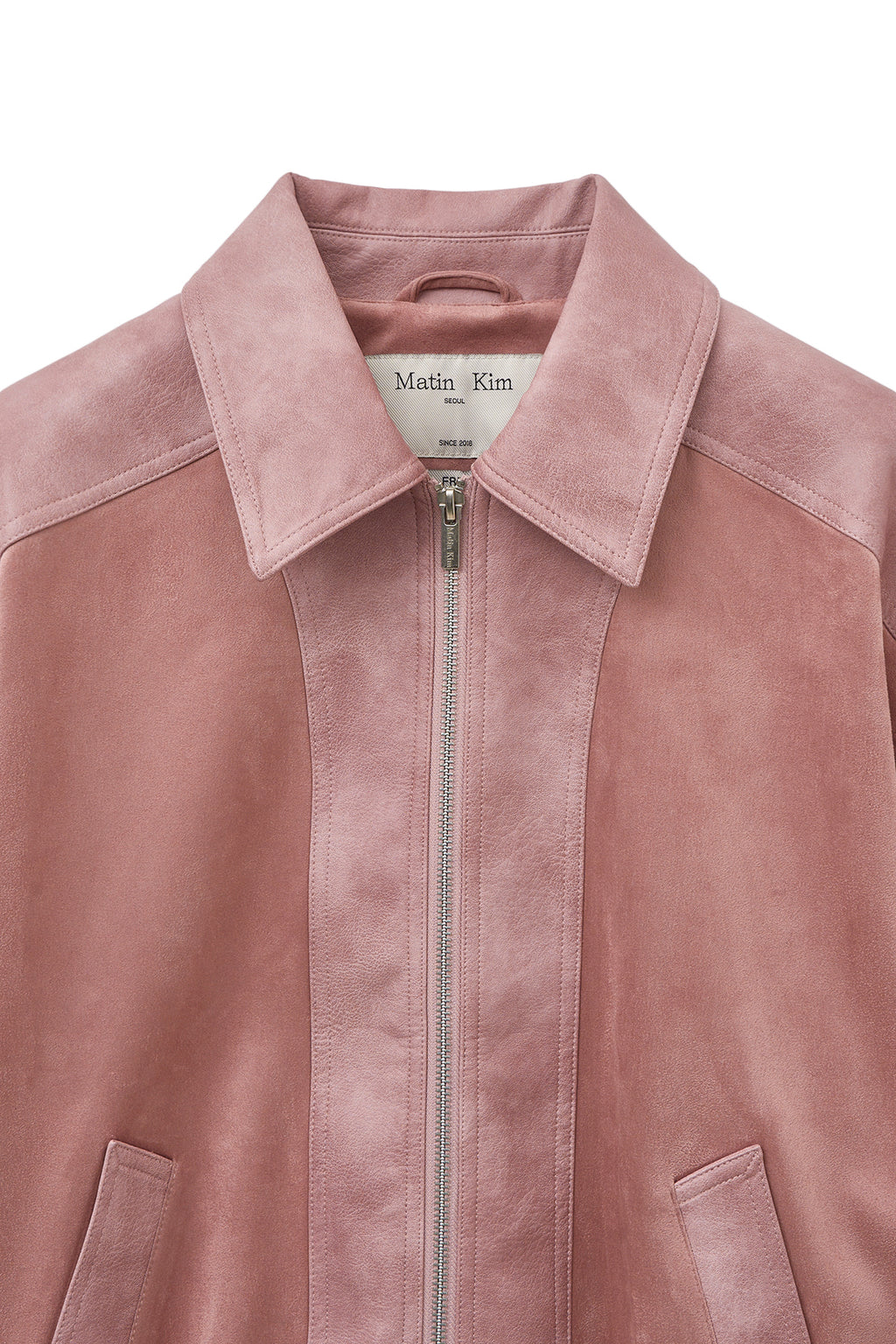 [matinkim] SUEDE MIX LEATHER ZIP UP JUMPER FOR WOMEN IN PINK