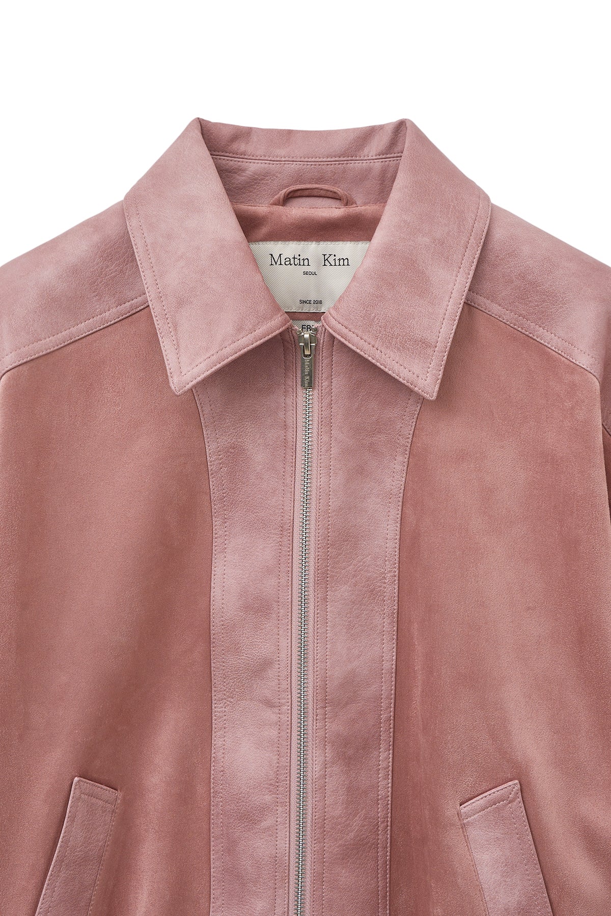 [matinkim] SUEDE MIX LEATHER ZIP UP JUMPER FOR WOMEN IN PINK
