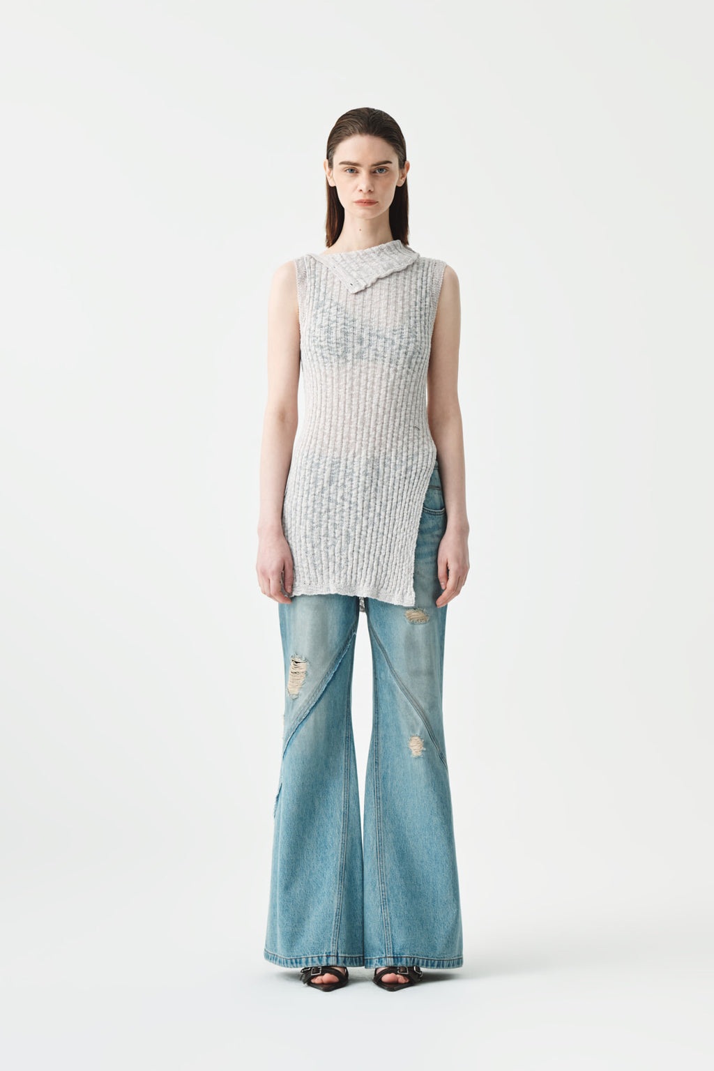 [matinkim] Side Slit Sleeveless Slub Knit Top IN Light Grey