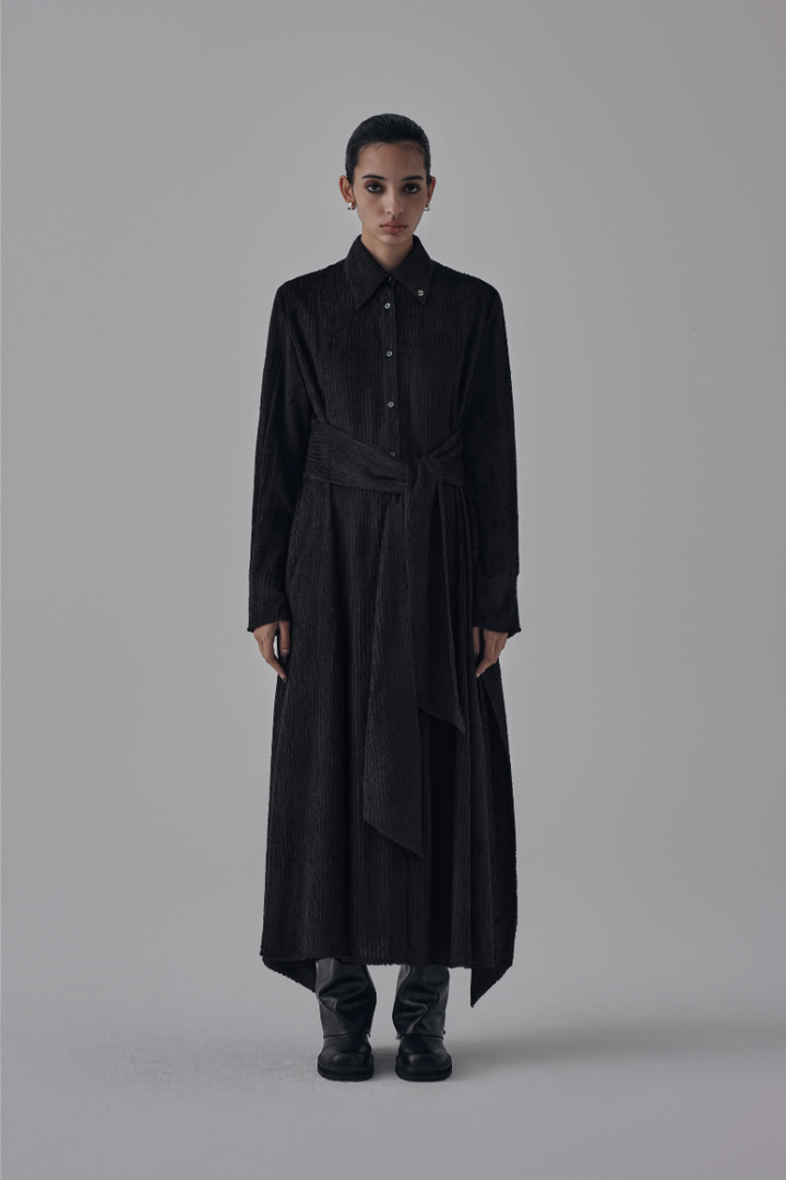 Treemingbird Velboa Stripe Strap Long Shirt One-Piece Black