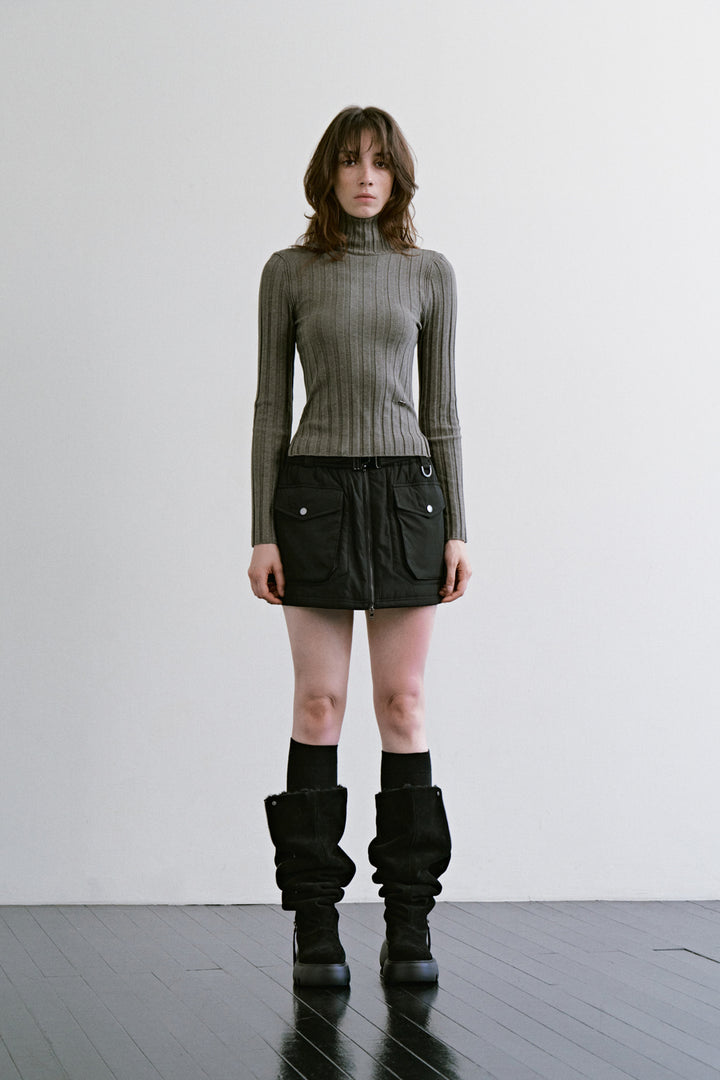 Treemingbird Side-Slit Turtleneck Knit Top Khaki