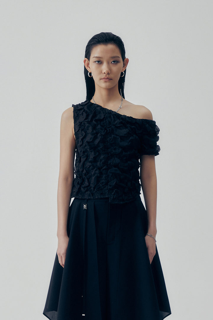Treemingbird Volume One-shoulder Frill Top Black