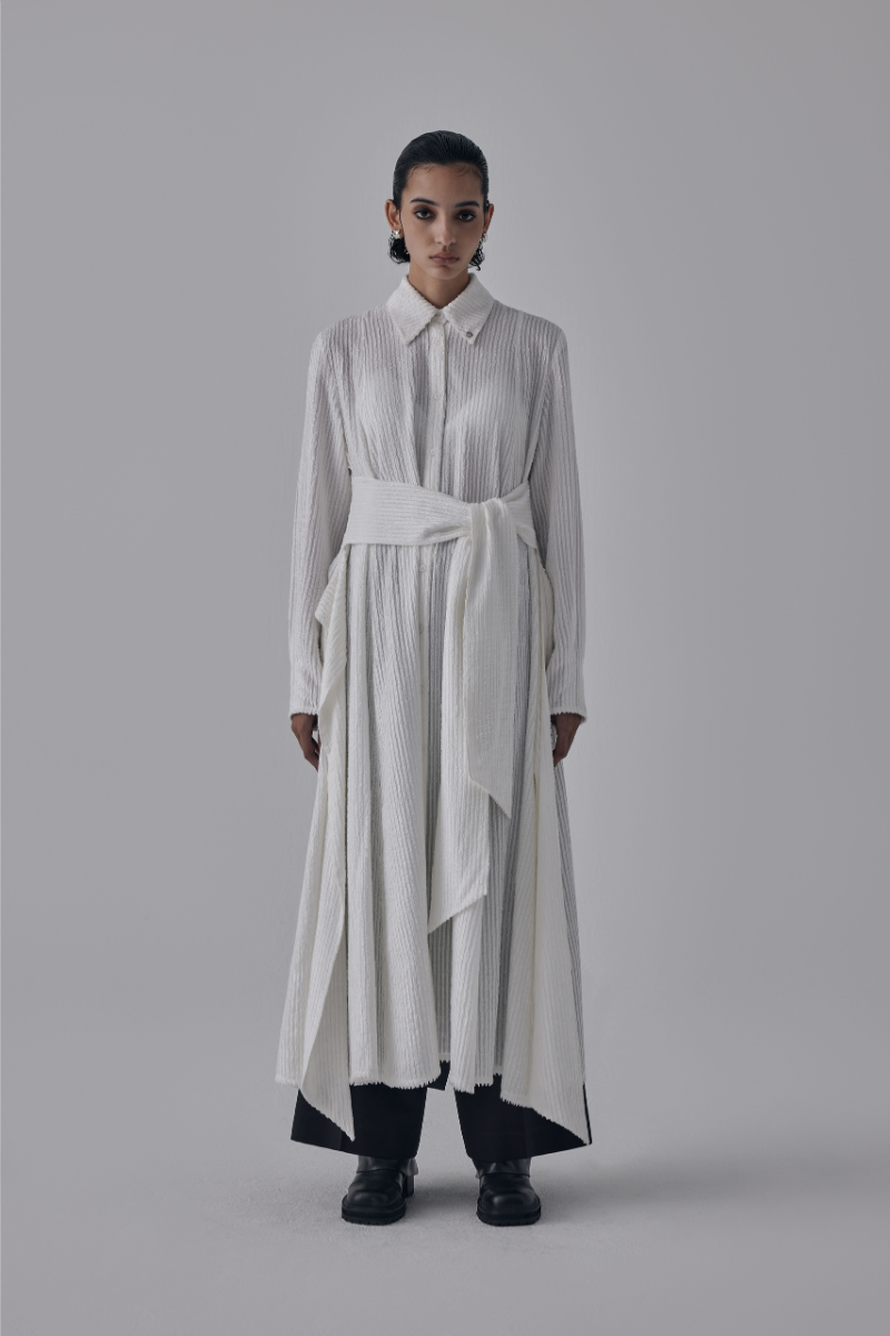 Treemingbird Velboa Stripe Strap Long Shirt One-Piece White