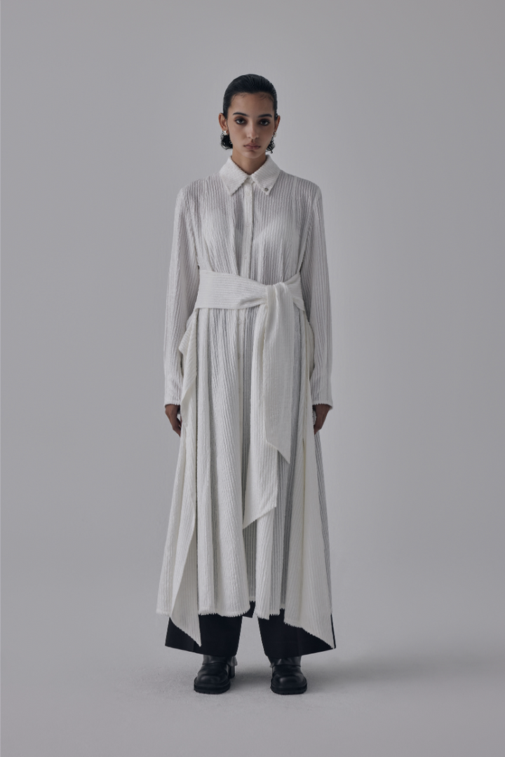 Treemingbird Velboa Stripe Strap Long Shirt One-Piece White