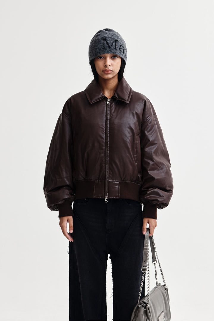 Matinkim Faux Leather Down Jumper For Women IN Brown