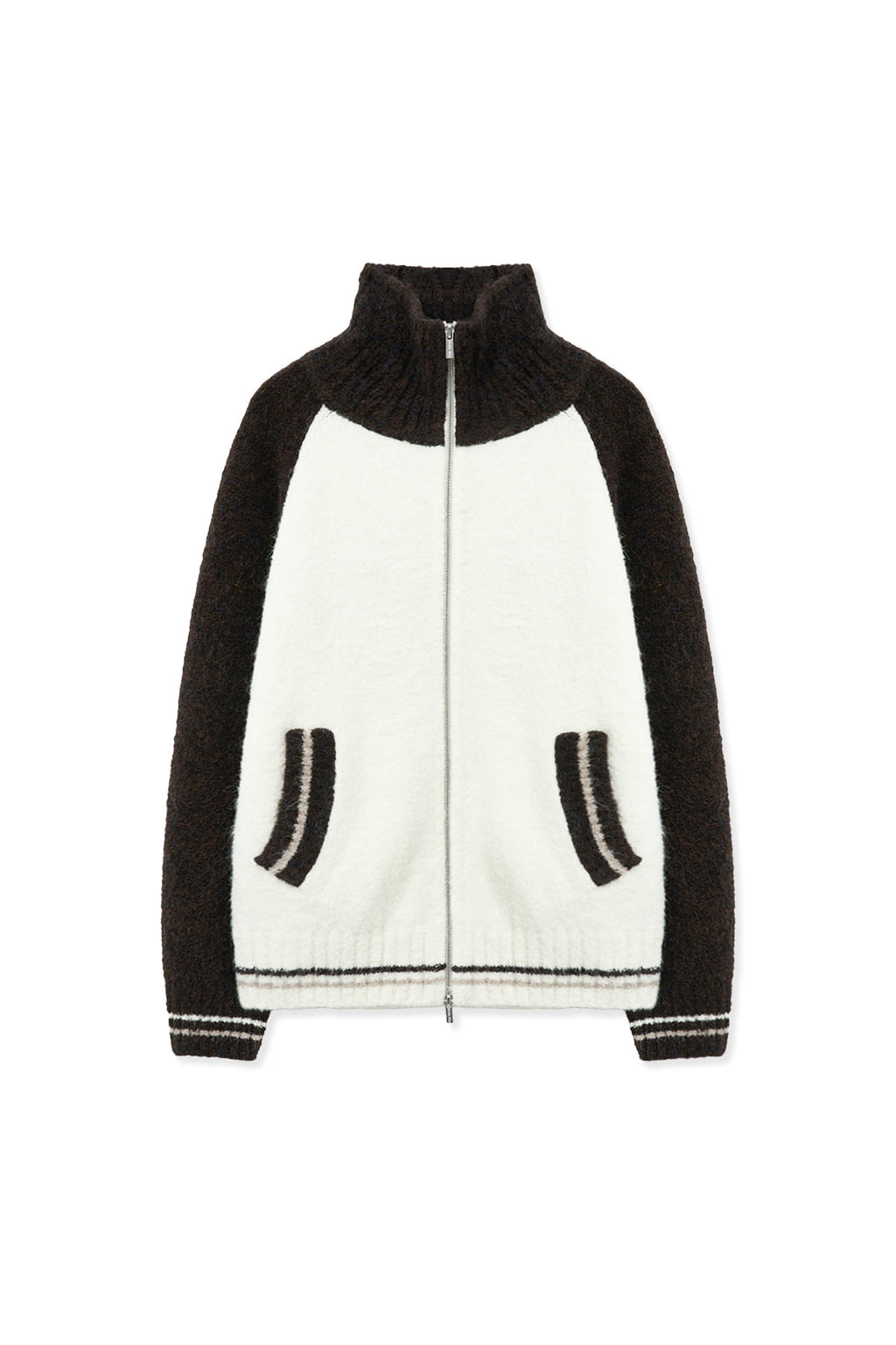 [matinkim] High Neck Raglan Knit Zip UP For Men IN Dark Brown