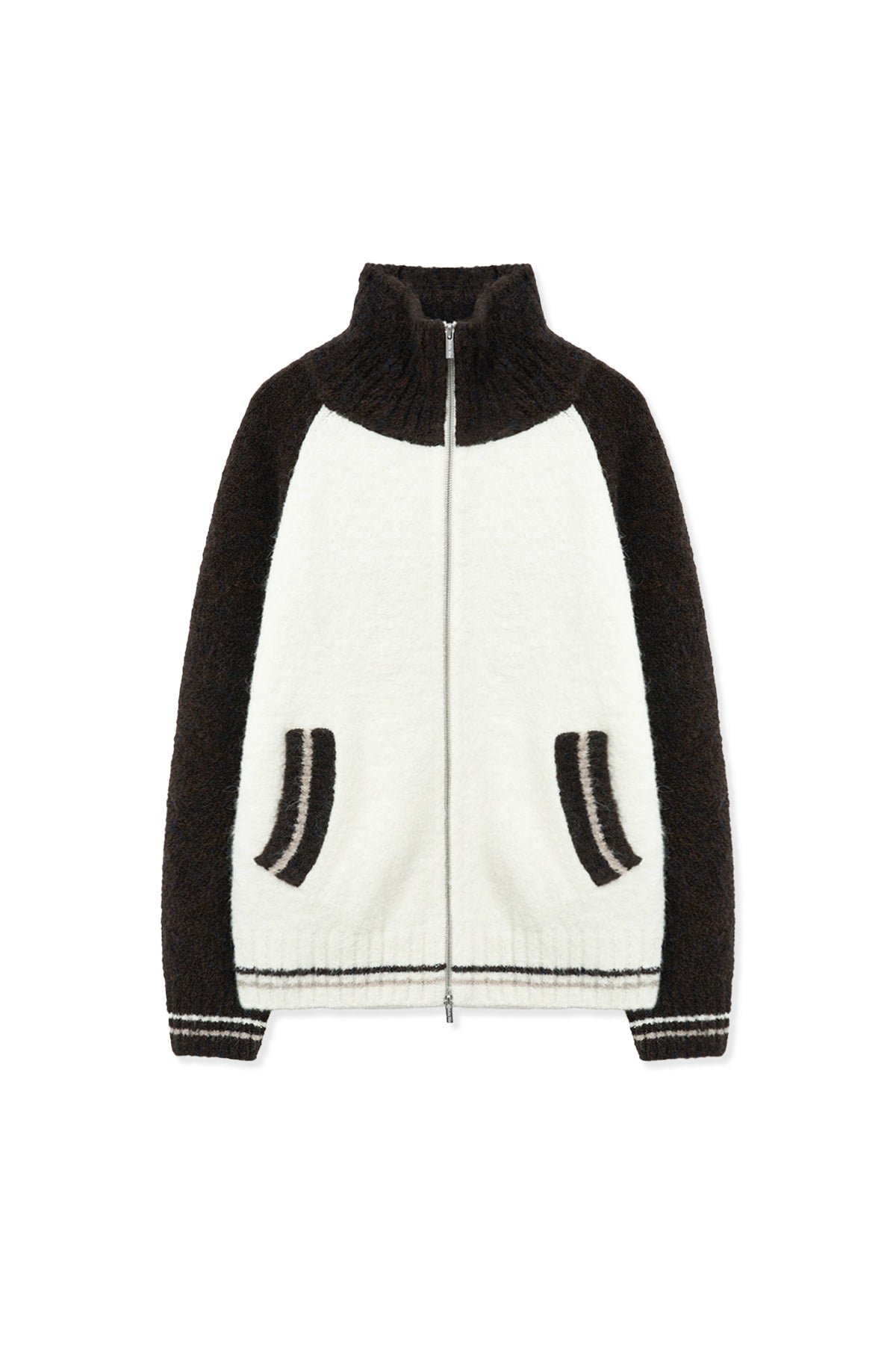 [matinkim] High Neck Raglan Knit Zip UP For Men IN Dark Brown