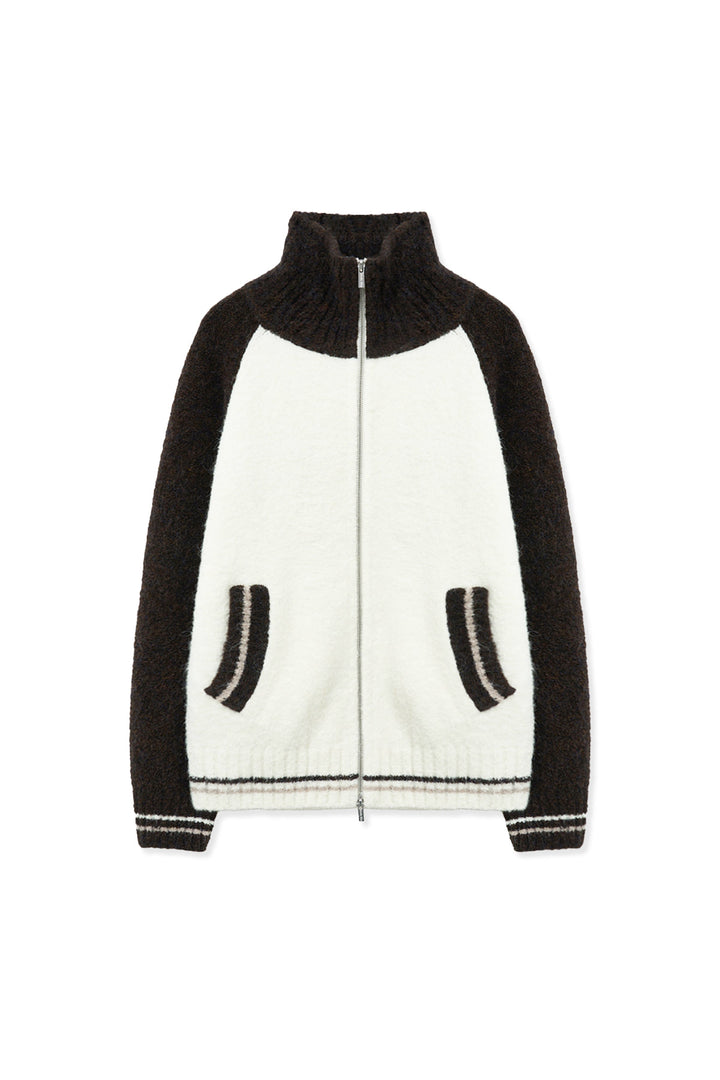 Matinkim High Neck Raglan Knit Zip UP For Men IN Dark Brown
