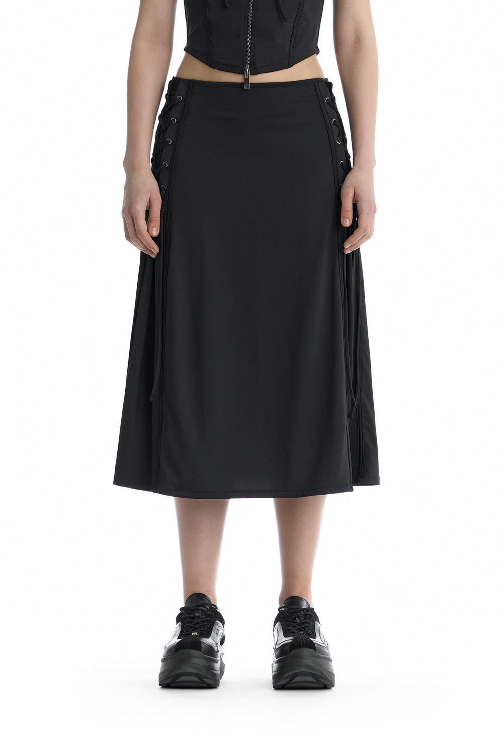 Treemingbird Jersey Lace-Up Side Set-Up Skirt Black