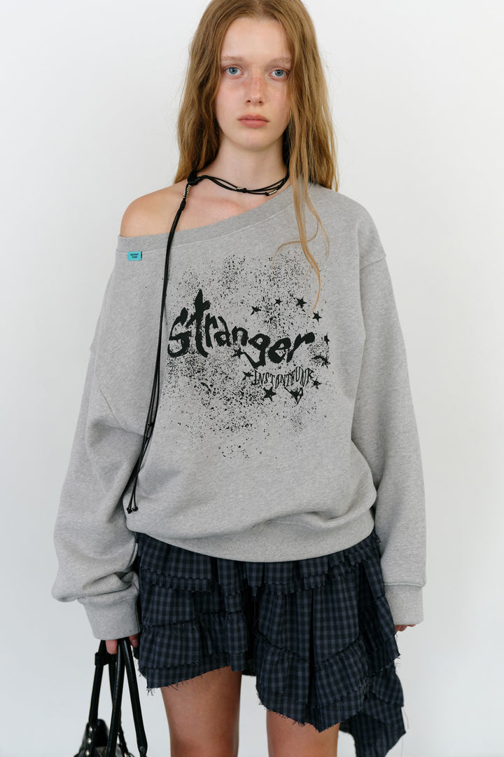 Instantfunk Graphic Scoop Neck Off Shoulder Sweatshirts - Melange Grey