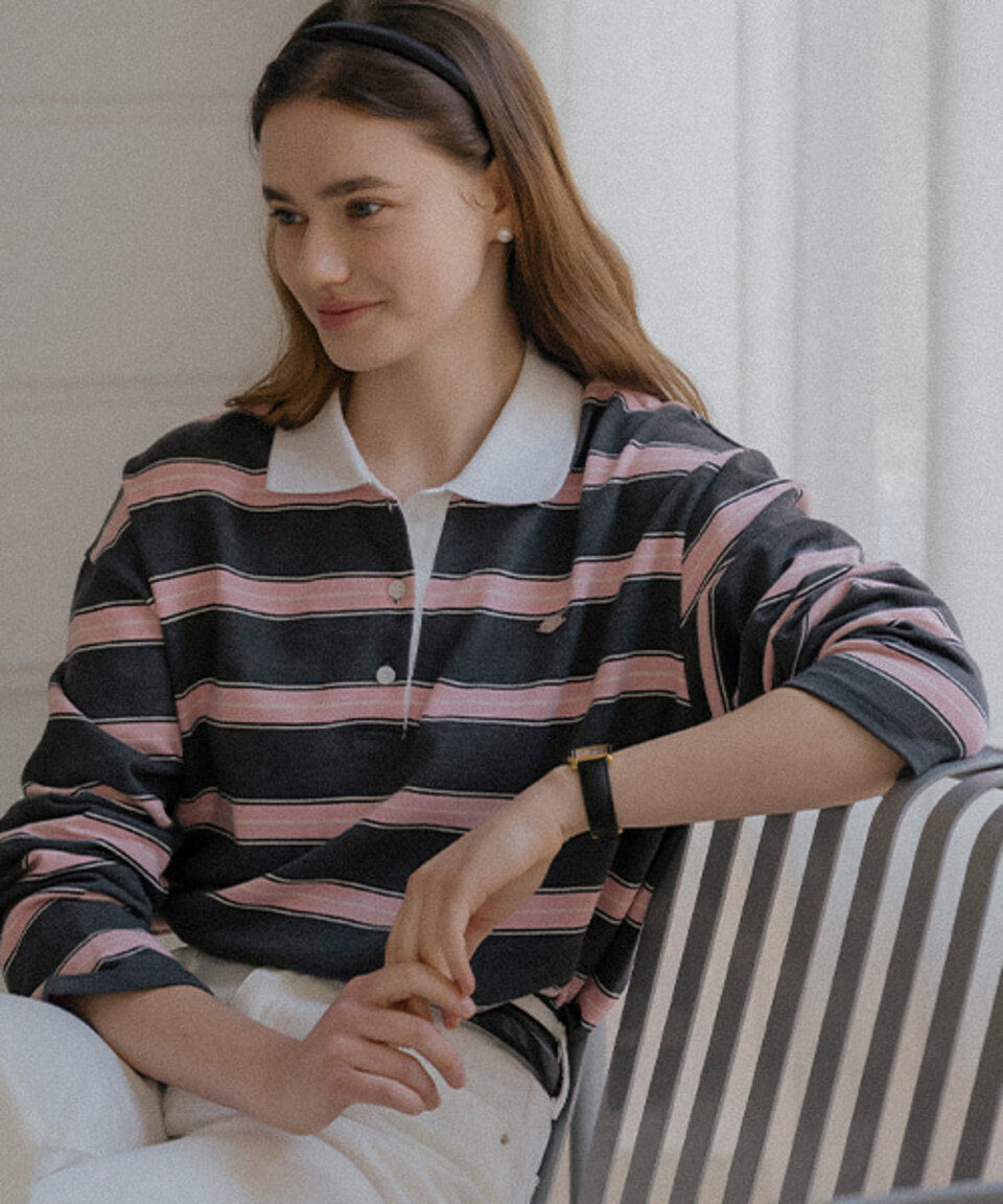 Tillidie Cotton stripe base collar polo t-shirt Charcoal