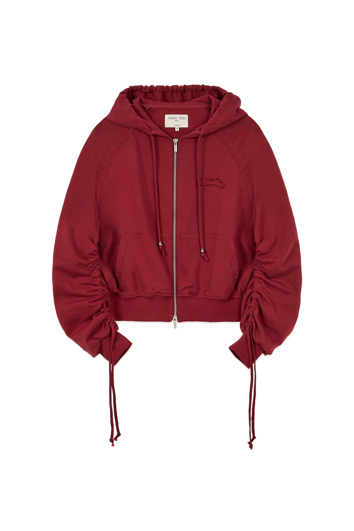 [matinkim] SLEEVE STRING DETAIL HOODY ZIP UP IN RED