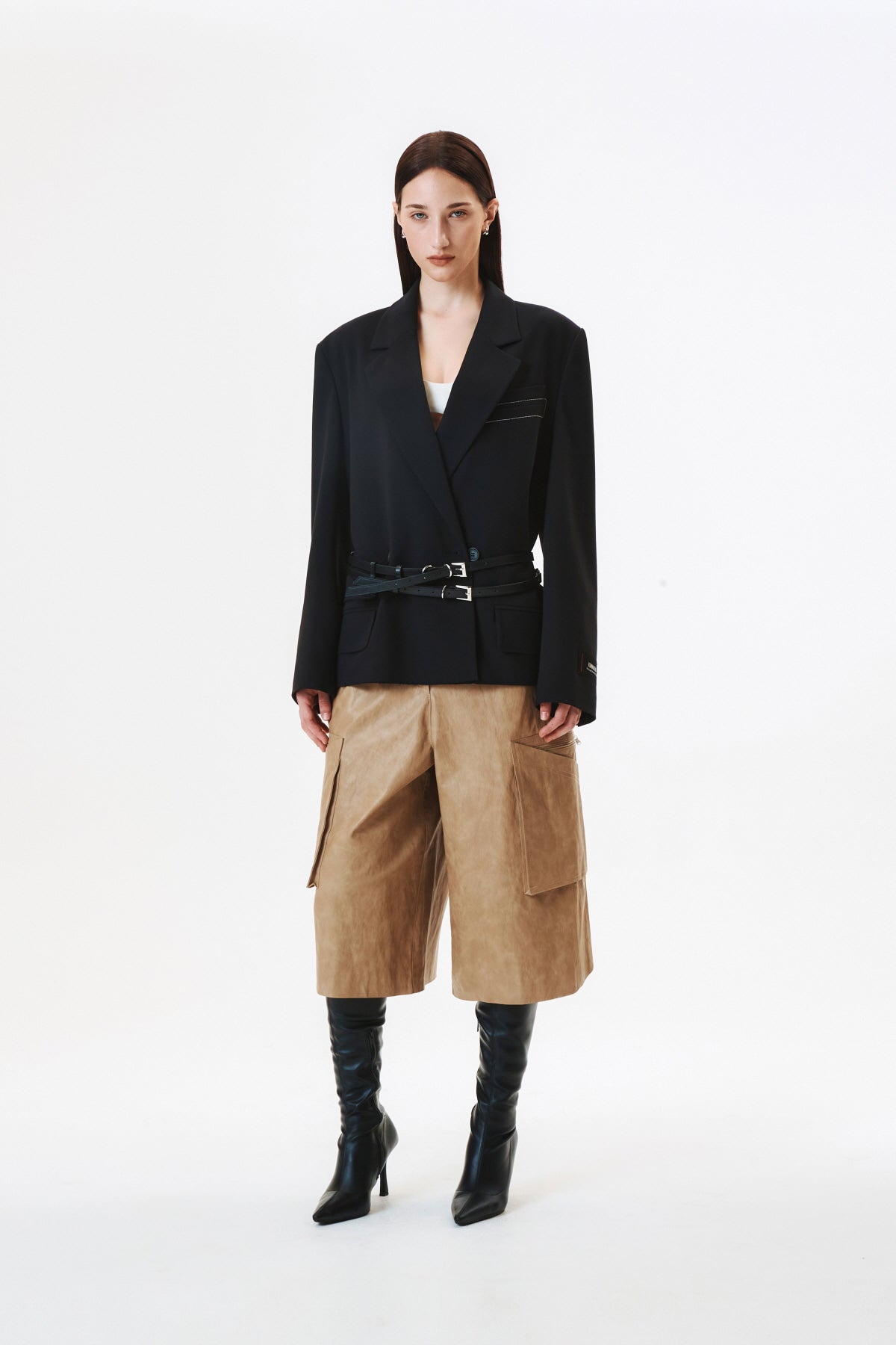 Matinkim Pocket Point Leather Bermuda Pants IN Beige