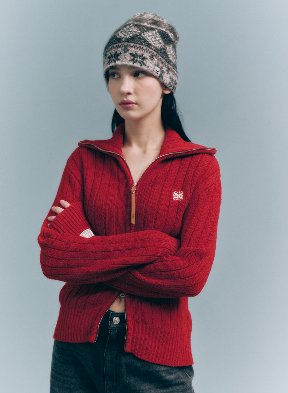 [satur] (W) Faro Boucle Knit Zip-up - Red