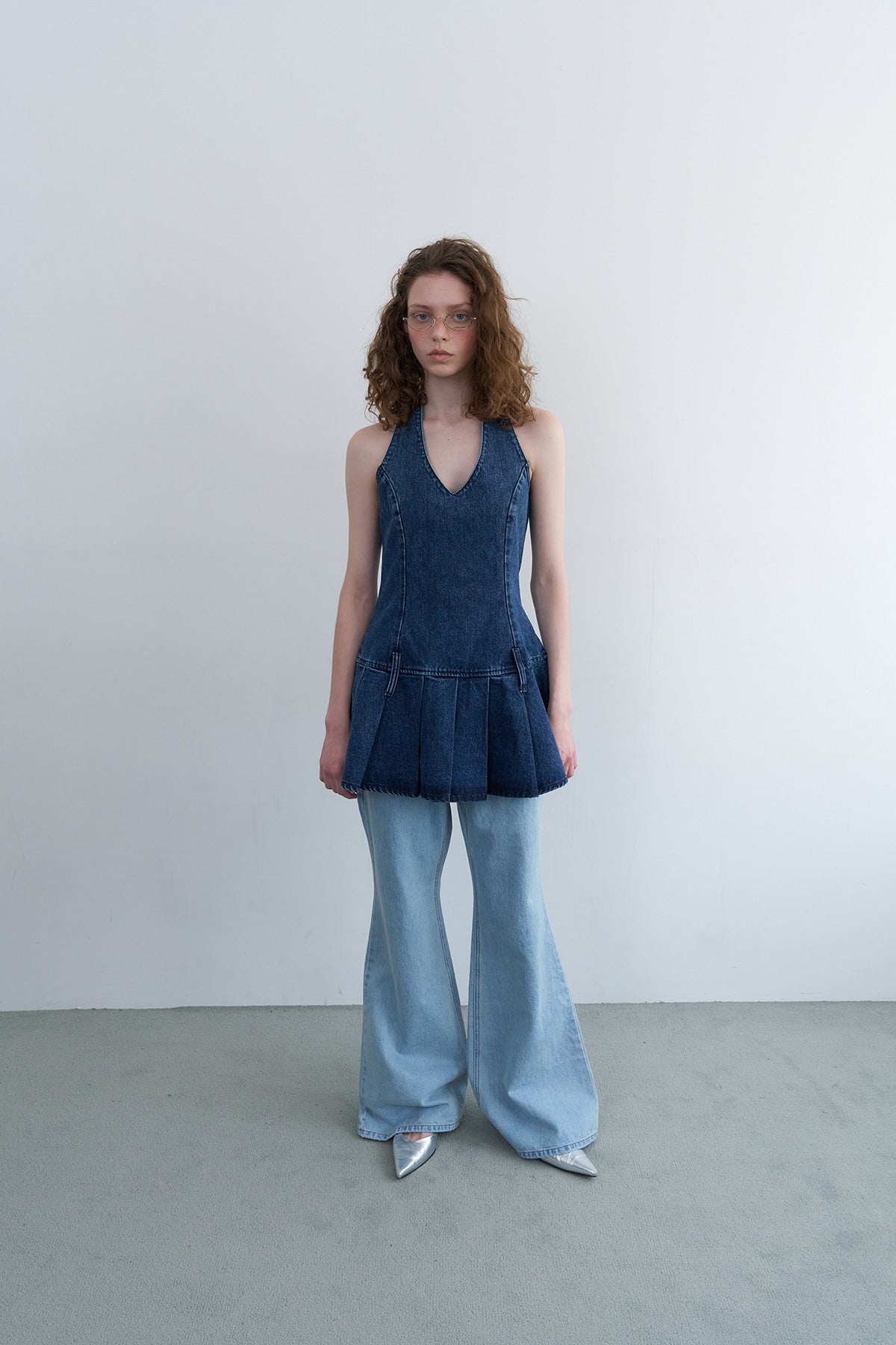 Overdueflair Halter Neck Pleated Denim Dress Indigo