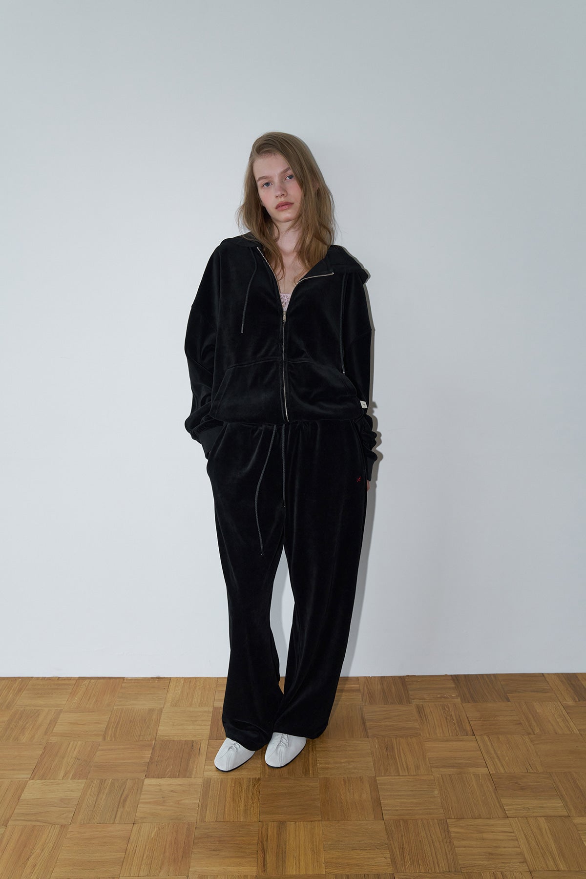 Overdueflair Velvet Textured Zip-Up Hoodie Black