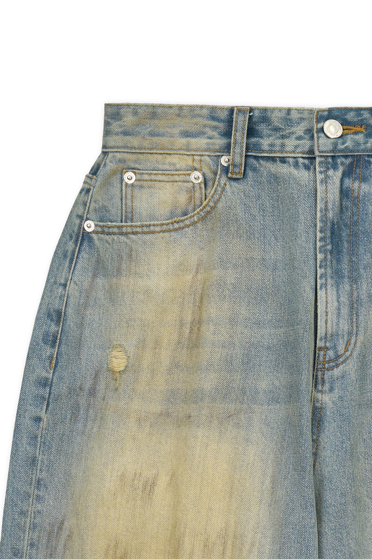 [matinkim] VINTAGE DIRTY WASHED DENIM PANTS IN LIGHT BLUE