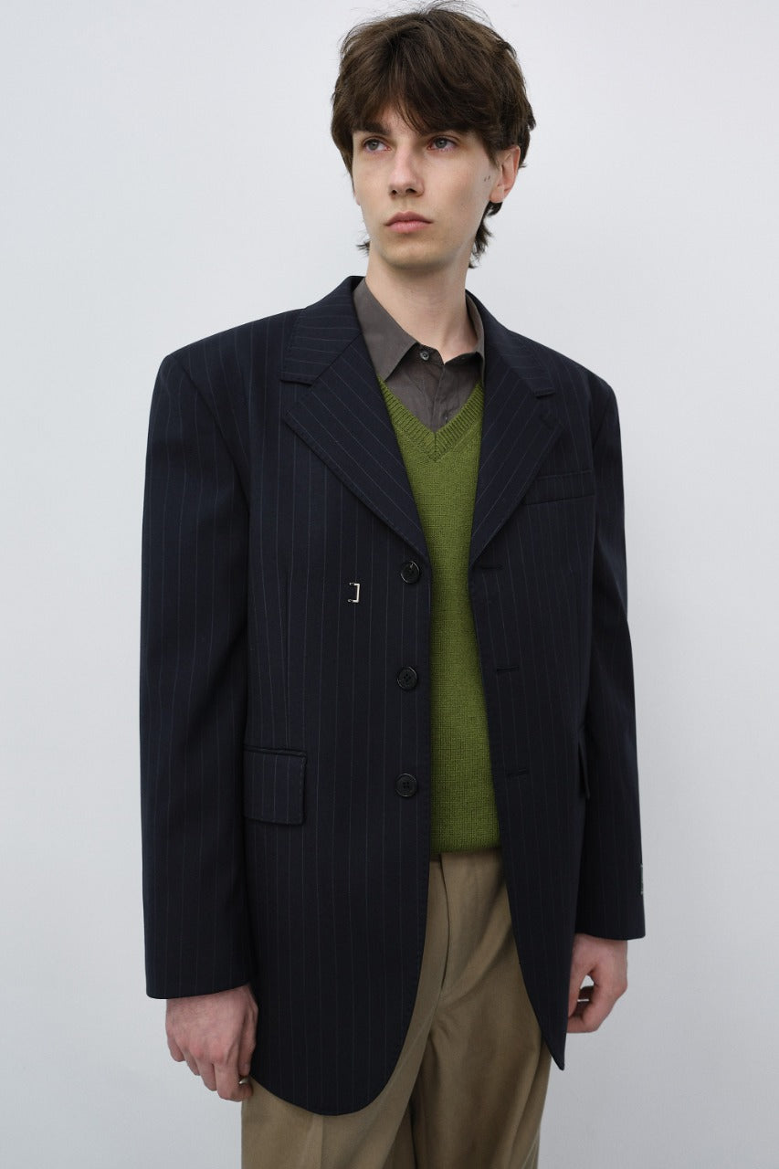 Dunst Unisex Refined Masculine Wool Blazer Navy Stripe