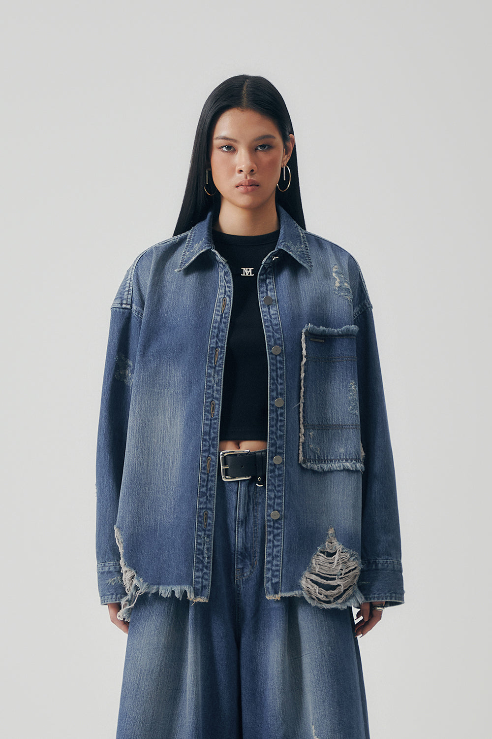 Treemingbird Distressed Square Denim Set-up Jacket Blue
