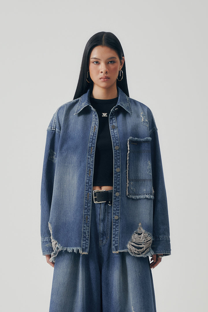 Treemingbird Distressed Square Denim Set-up Jacket Blue