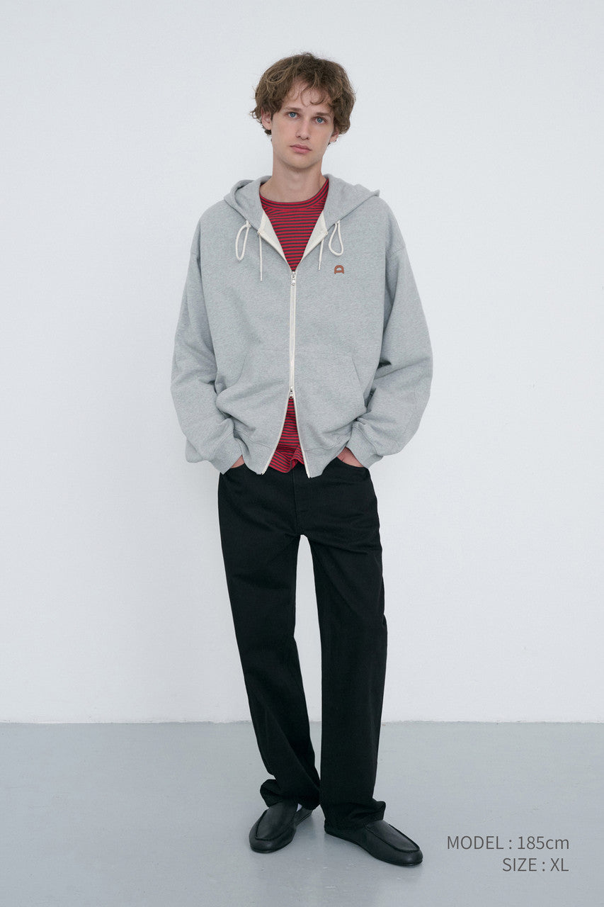 Dunst Unisex Leather Logo Zip-Up Hoodie Melange Grey