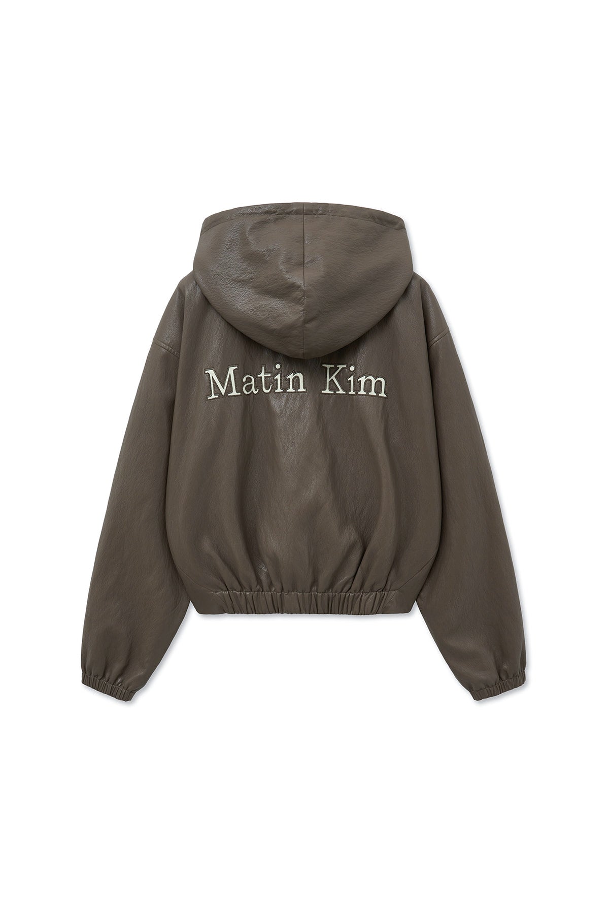 [matinkim] FAUX LEATHER HOODY CROP JUMPER IN BROWN