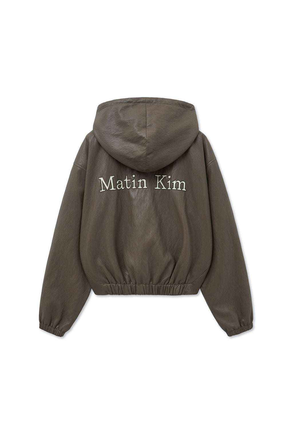 [matinkim] Faux Leather Hoody Crop Jumper IN Brown