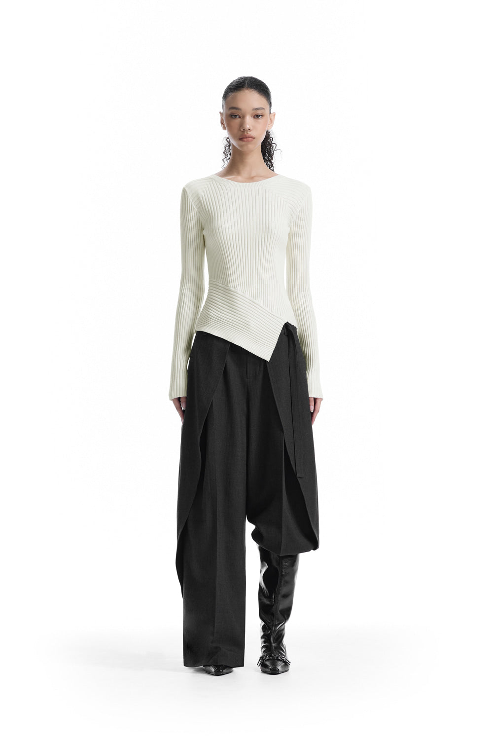 Treemingbird Asymmetric Ribbed Knit Top Ivory