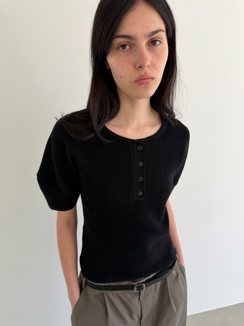 Low Classic Puff Sleeve Henry Neck Knit Top Black