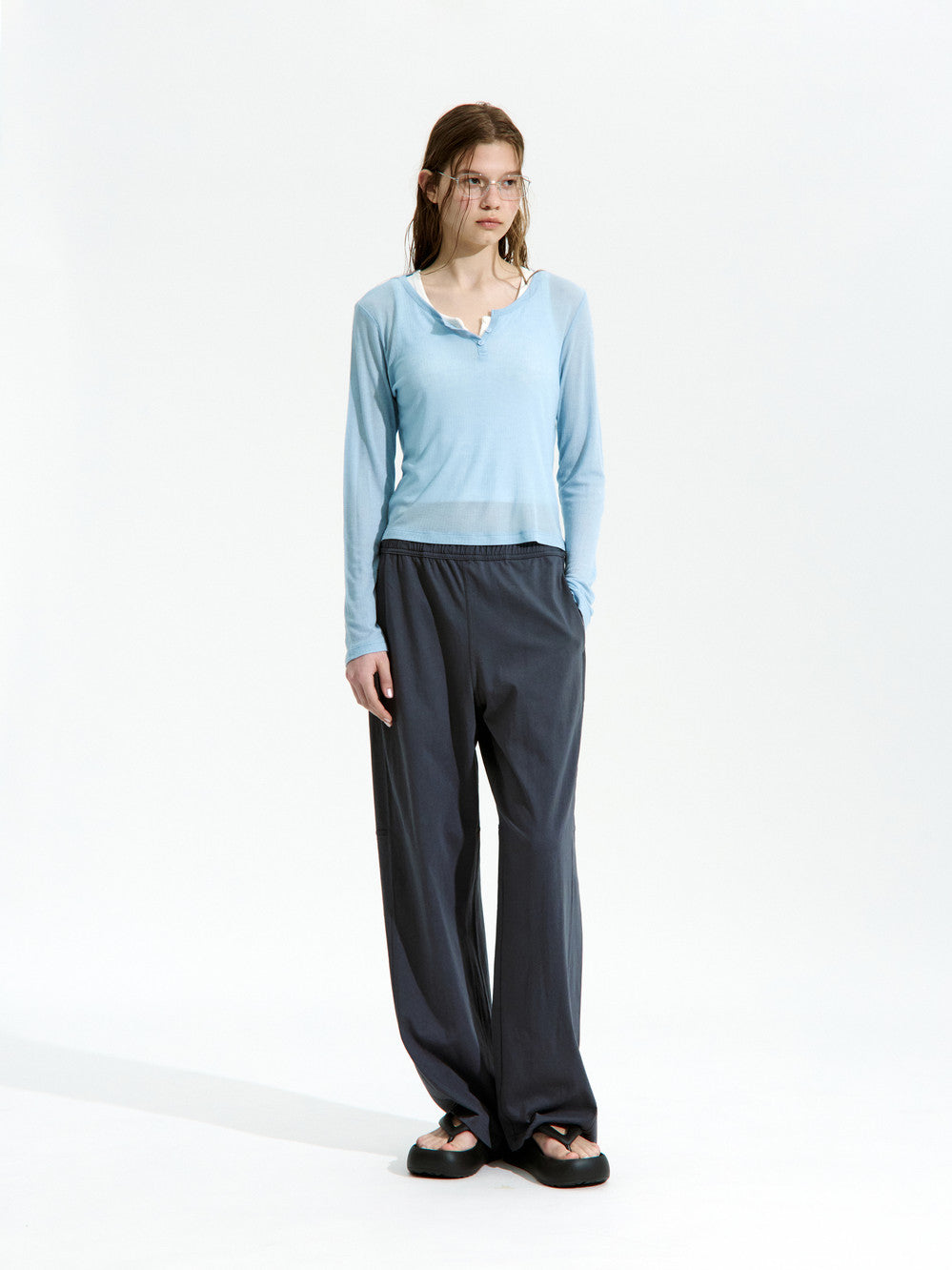 Low Classic See-Through Henry Neck Long Sleeve T-Shirt Pastel Blue