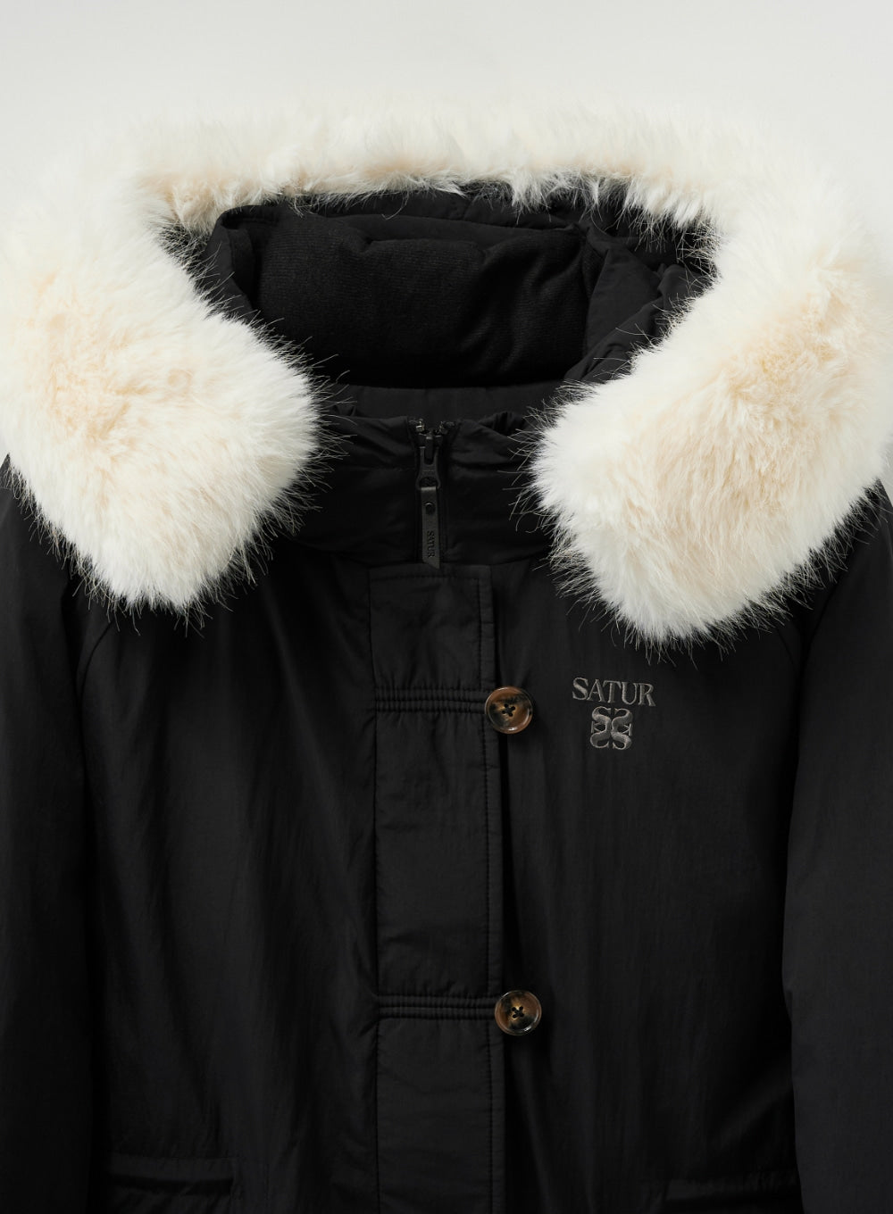 [satur] (W) Synthetic Fur Collar Hood Long Down - Black